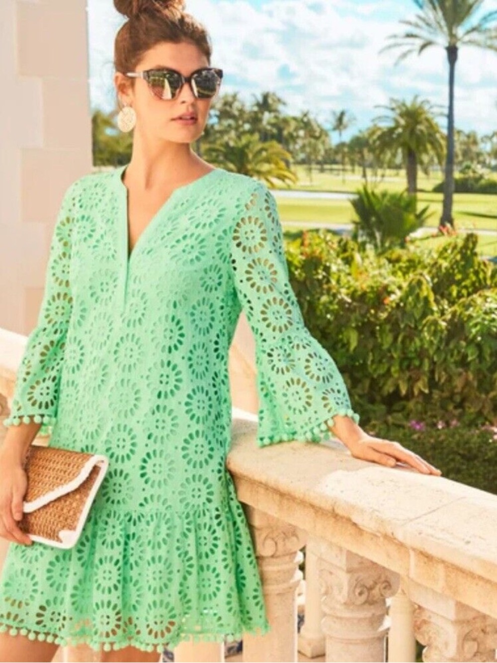 Lilly Pulitzer Mint Green Crochet V-Neck Tunic Dress 100% cotton 💚